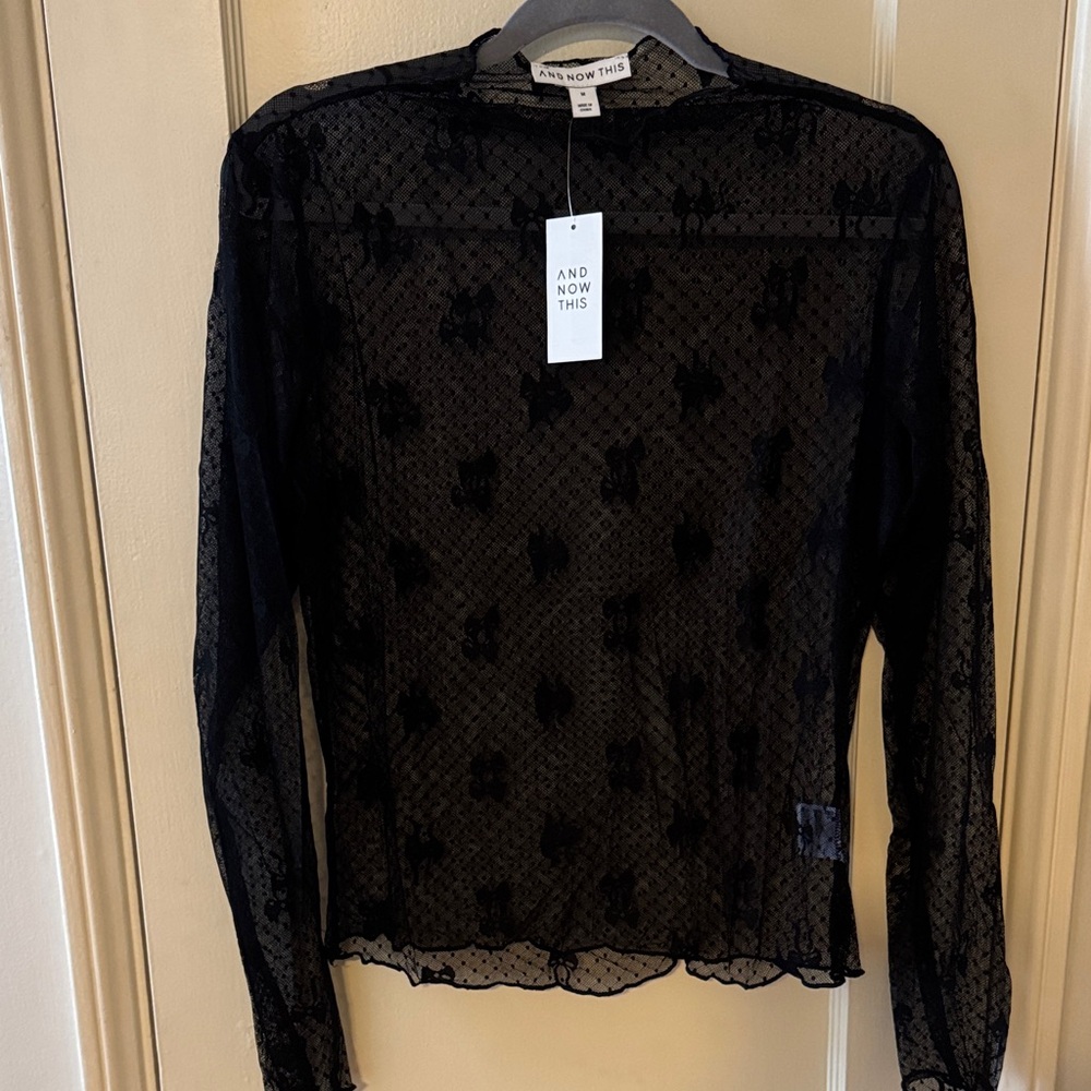 NWT! Women's Bow-Motif Lace Mock Neck Top - Picture 4 of 5